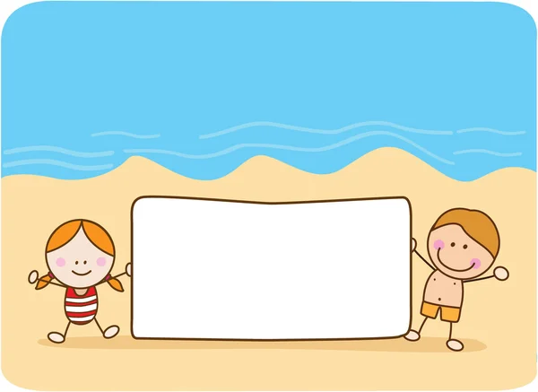 Couple happy kids holding banner beach — Stock Vector