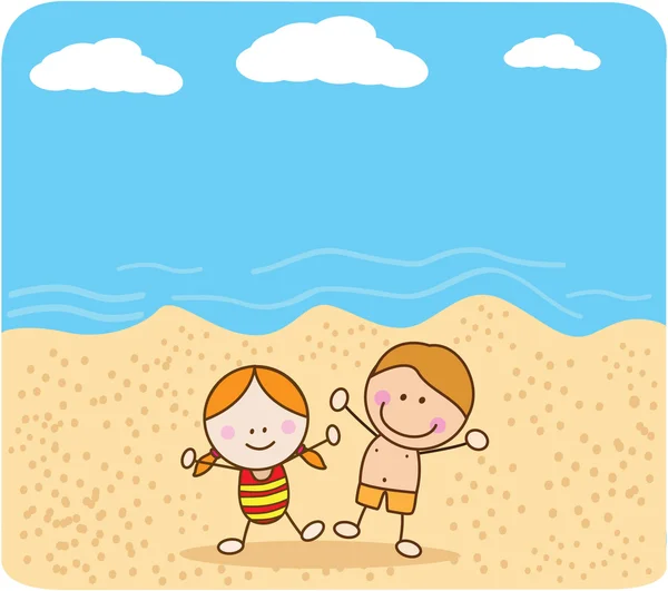 Niños felices jugando en la playa — Vector de stock