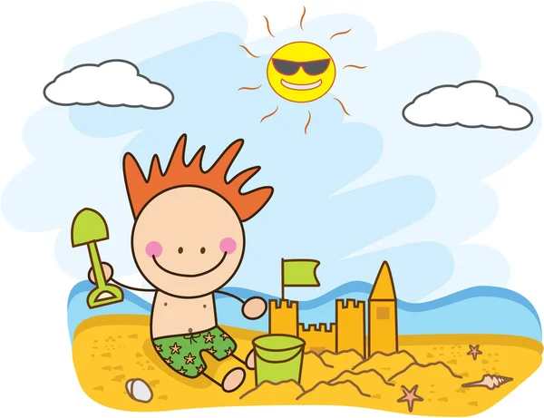 Children build sand castle at beach — Stock Vector