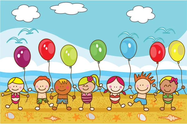 Τα παιδιά που παίζετε baloon στην παραλία — Διανυσματικό Αρχείο
