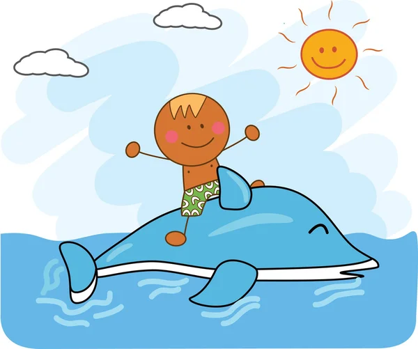 Niño jugando con delfines en el mar — Vector de stock