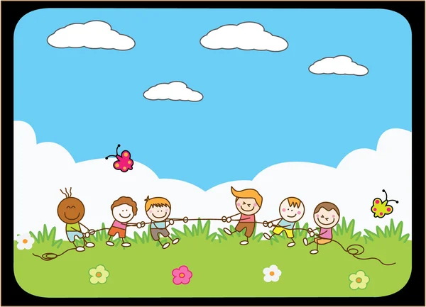 Tug of war kids at park — Stock Vector