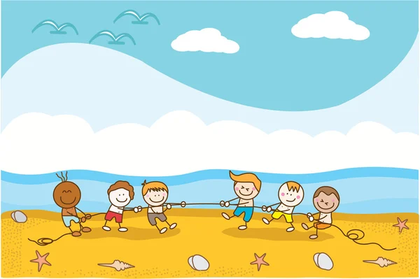 Happy kids playing rope at Beach — Stock Vector