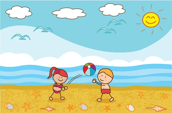 Enfants heureux jouant au ballon à la plage — Image vectorielle