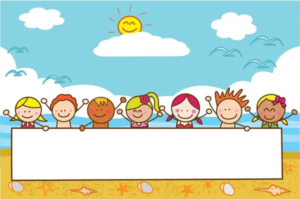 Crianças segurando banner na praia quando verão — Vetor de Stock