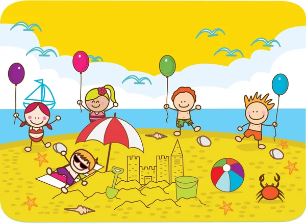 Bambini felici che giocano a palloncino a Beach — Vettoriale Stock