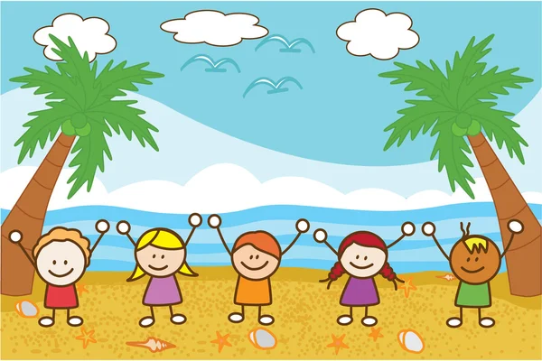 Mutlu çocuklar kumsalda oynarken — Stok Vektör