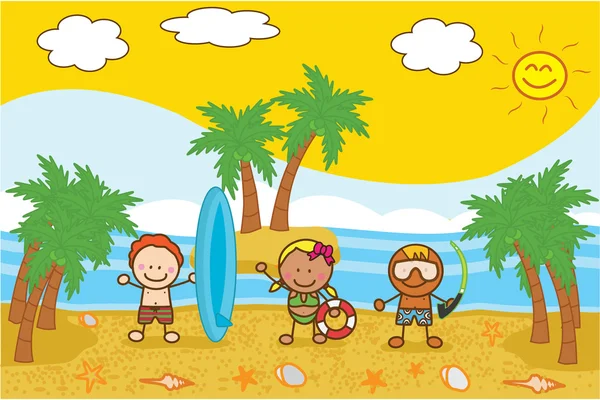Mutlu çocuklar oynarken ve kumsalda poz — Stok Vektör