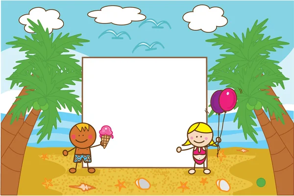 Дети держат плакат на пляже летом — стоковый вектор