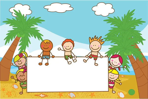 Niños sosteniendo pancarta en la playa cuando el verano — Vector de stock