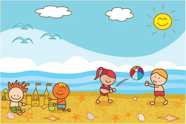 Happy kids playing ball and sand castle at Beach — Stock Vector