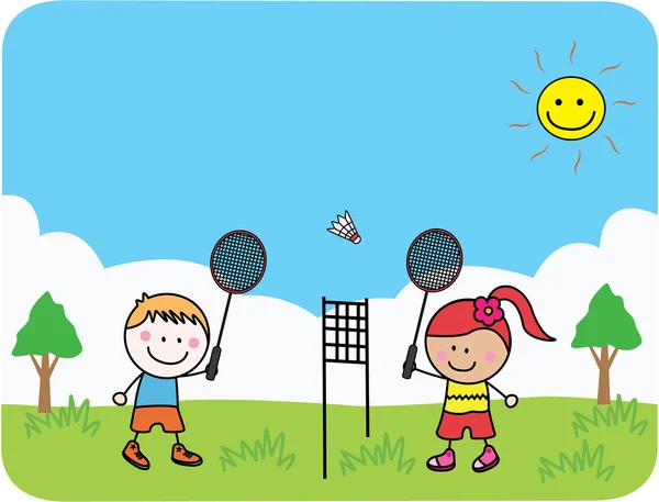 Niños jugando bádminton — Vector de stock