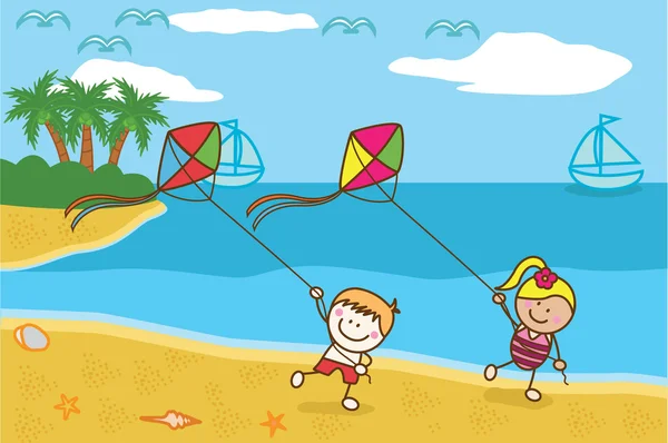 Счастливые дети играют в воздушного змея на пляже — стоковый вектор