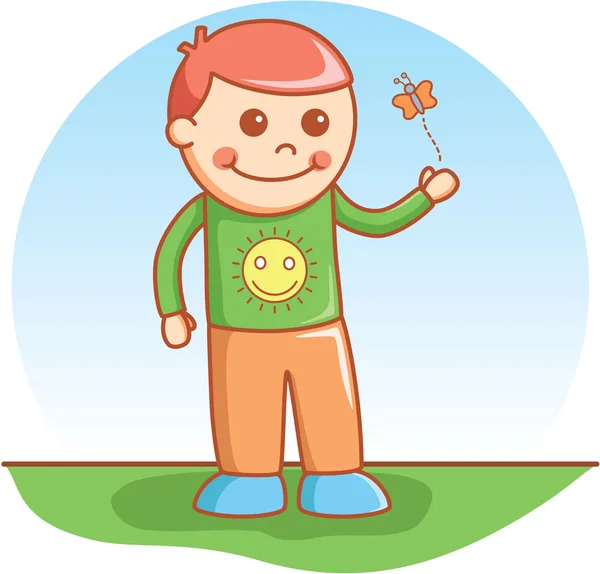 Jongen spelen met vlinder doodle cartoon vector — Stockvector