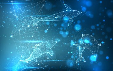 Noktalardan ve çizgilerden oluşan vektör yunusları parlak mavi bir zemin üzerinde süzülür..