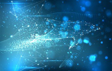 Noktalardan ve çizgilerden oluşan vektör yunusları parlak mavi bir zemin üzerinde süzülür..