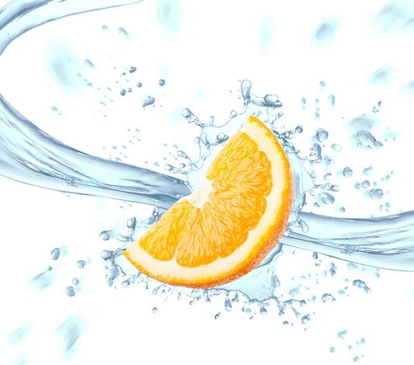 Orange Slice Spray Blue Water Isolated White Background — Stock Photo, Image