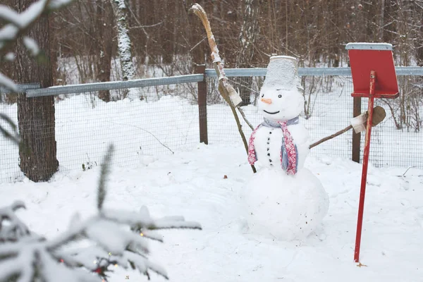 Snowman Stands Snow Broom Shovel Traditional Character Winter Holidays — Stock Photo, Image