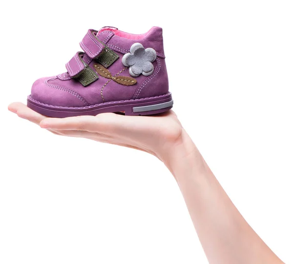 Magenta Kinderstiefel Auf Weiblicher Hand Isoliert Auf Weißem Hintergrund — Stockfoto