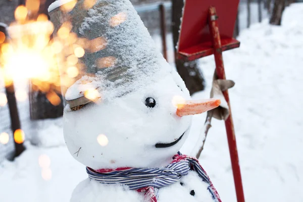 Portrait Snowman Wearing Hat Bucket His Head Carrot Nose — Stock Photo, Image