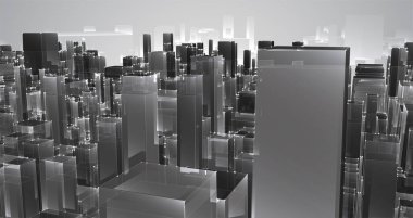 Vektör soyut 3D kristal. Şehrin çatılarının manzarası, büyük kaotik cam kolyeler..