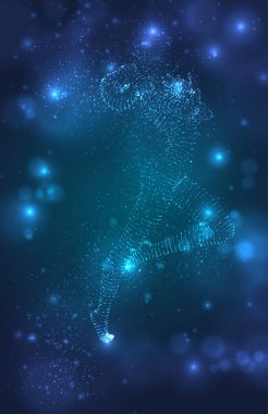 Soyut koyu mavi arka planda dans eden parlak noktalardan bir kadın silueti. vektör düzeni