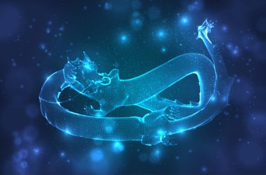 Kare 3D çokgen biçiminde koyu mavi arkaplanda uzun ejderha yılanı