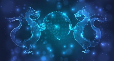 Kare 3D çokgen biçiminde koyu mavi arkaplanda uzun ejderha yılanı