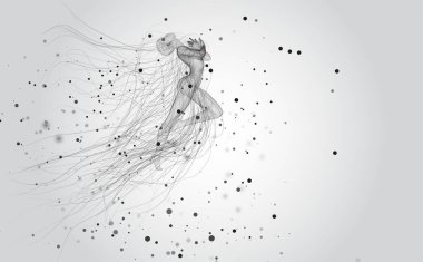 Dalgalı iplikler ve daireler arasında, noktalardan ve eğrilerden 3d vektör kızı