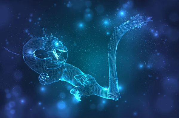 Vector Serpiente Dragón Largo Sobre Fondo Azul Oscuro Profundo Estilo — Vector de stock