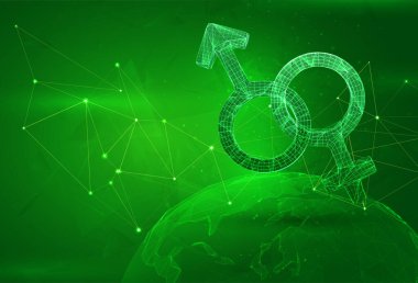 Yeşil arka planda çokgen bir gezegende aşkın ve seksin sembolü. genel veri hesaplaması