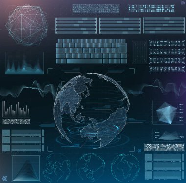 Vektör fütüristik gövde tasarımı. Bilgi elementlerini ayarla. sanal hologram, manzara, seviyeler, dalgalar ve titreşimler, klavye