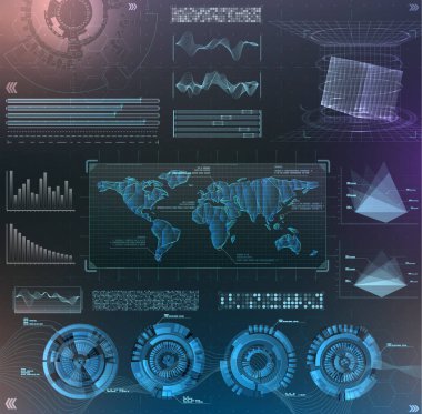 Vektör fütüristik gövde tasarımı. Bilgi elementlerini ayarla. sanal hologram, manzara, seviyeler, dalgalar ve titreşimler, klavye