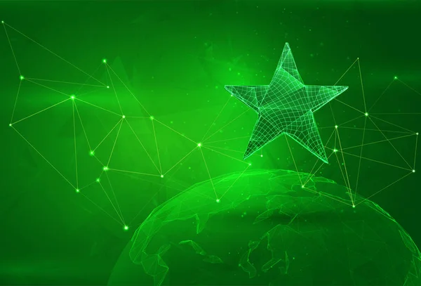 在一颗绿色背景的多边形行星上的星形符号 全球数据计算 — 图库矢量图片