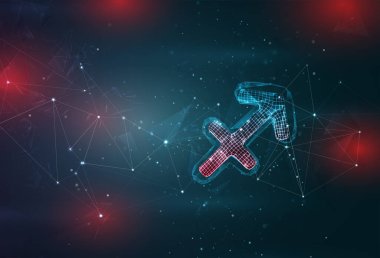 Soyut gri arkaplanda kırmızı ışıklı yay burcu sembolü