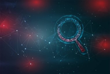 Soyut gri arkaplandaki kırmızı parıltılı cam arama sembolü büyütülüyor