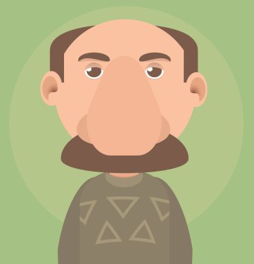 Kahverengi kazaklı kel bir adamın tasviri.