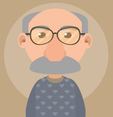 Gri kazaklı, desenli ve gözlüklü kel bir adamın vektör portresi