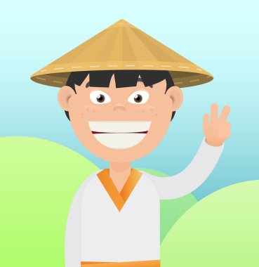 Beyaz kimonolu genç bir adamın düz stil portresi.