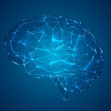 Üç boyutlu vektör siber beyin. sinirsel ağ mega veri işleme, mavi arkaplan üzerinde şablon arayüzü tasarımı.