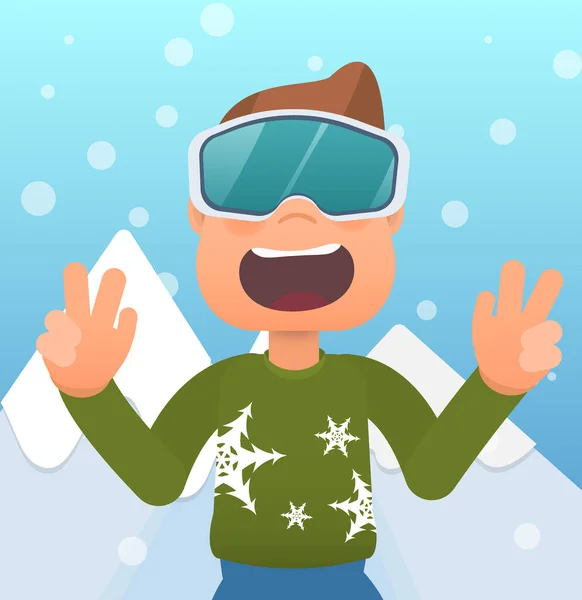 Vector Portrait Young Man Ski Resort Winter Sports Fun Joy — Stock Vector