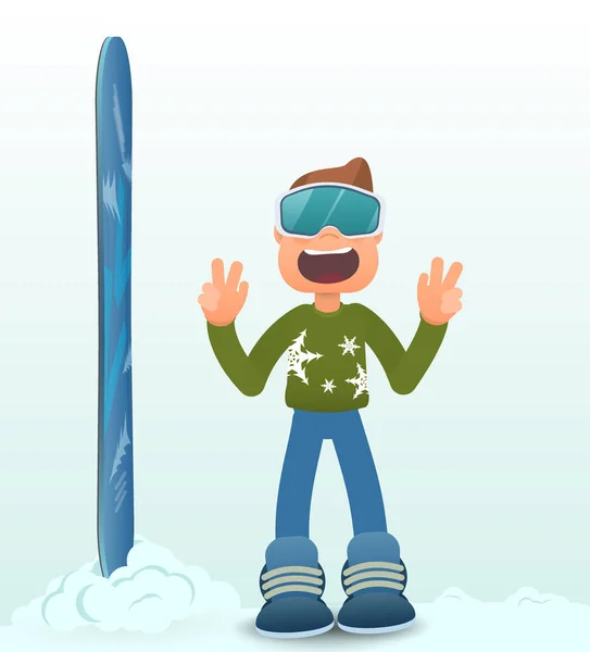 Vector Portrait Young Man Snowboard Winter Sports Fun Joy — Stock Vector