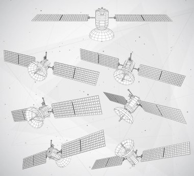 Beyaz arkaplanda 3D vektör iletişim ve iletişim uyduları kümesi