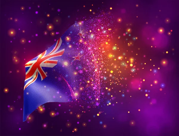 新西兰 带有照明和照明弹的粉色紫色背景矢量3D旗 — 图库矢量图片