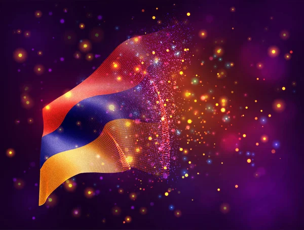 亚美尼亚 粉色紫色背景上带有灯光和照明弹的矢量3D旗 — 图库矢量图片