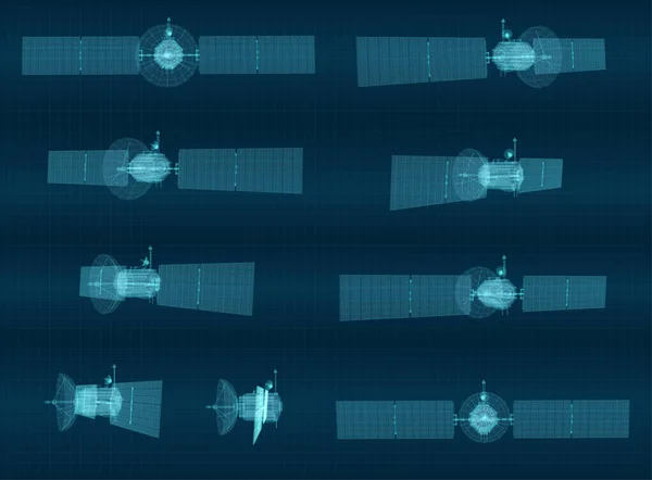 Vektor Kommunikations Und Kommunikationssatelliten Auf Blauem Hintergrund — Stockvektor