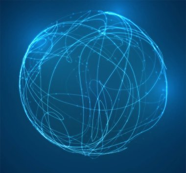 Çizgilerden, noktalardan, işaret fişeklerinden ve patikalardan oluşan parlayan mavi vektör küresi