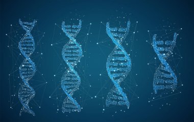 Renkli arkaplandaki çokgen ve noktalardan oluşan vektör DNA sarmalı