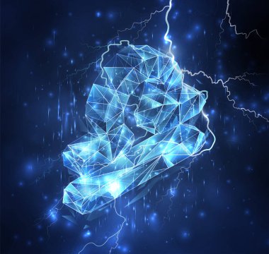 Mavi gökyüzünün arka planında 3d vektör nesnesi. Şimşek ve gök gürültüsü. Güç ve güç