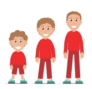 Kırmızı kazak ve pantolon giyen genç ve yetişkin çocukların vektör kümesi